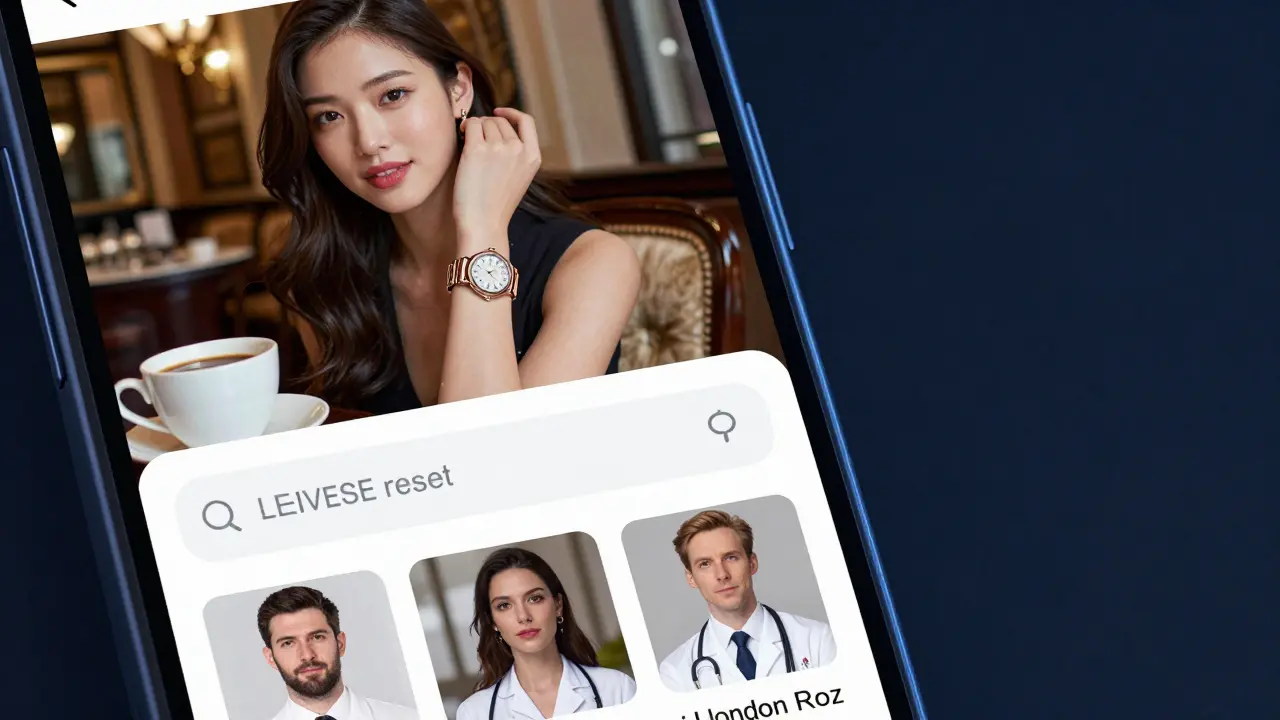 A dating app profile on a smartphone screen, showing filtered photos and a reverse image search revealing a stolen identity.