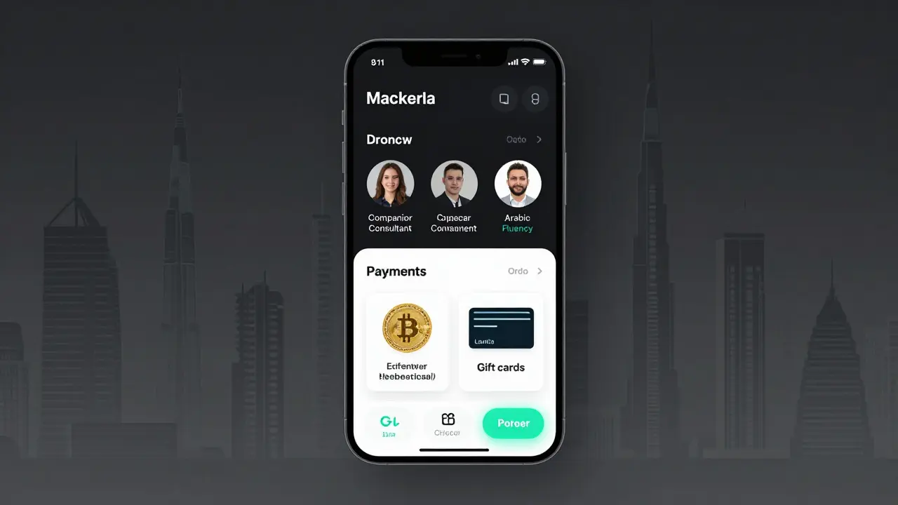 A digital platform interface showing coded escort profiles with language skills and payment options, reflecting Dubai’s skyline.