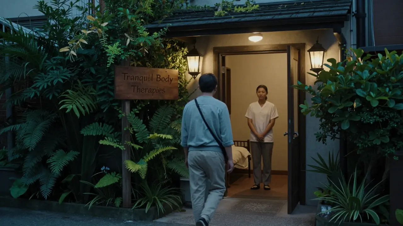 A discreet spa entrance in a quiet Dubai alley, no signs, only subtle lighting and greenery, conveying privacy and legitimacy.