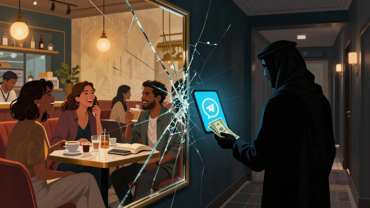 A fractured mirror shows a vibrant café social scene on one side and a dark hotel corridor with a digital transaction on the other.