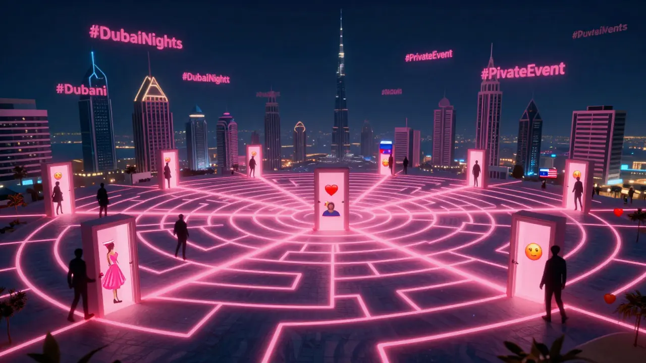 A glowing digital algorithm connects Dubai hotels with hidden doors marked by emojis, targeting international users.