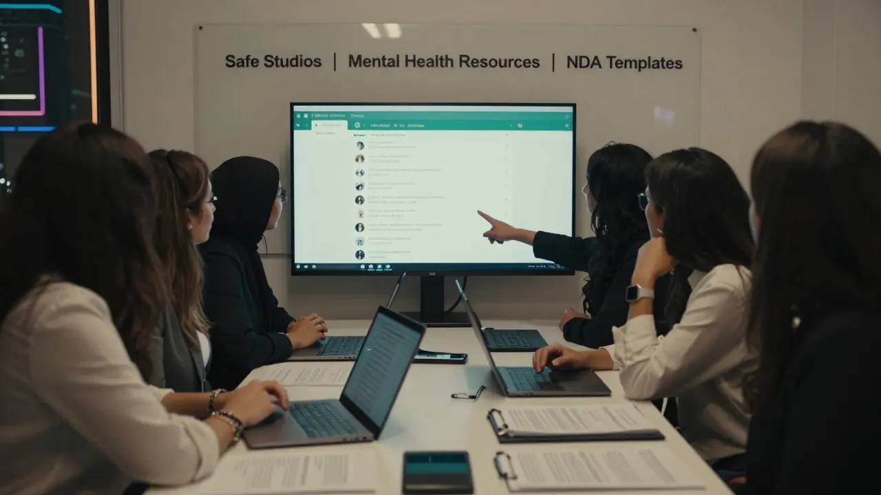 A group of anonymous women collaborating in a private Dubai workspace, sharing legal and mental health resources.