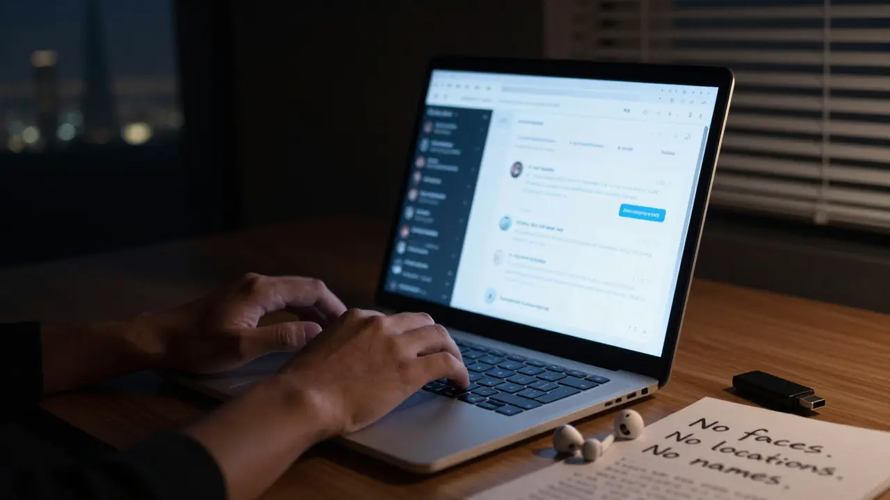 A hand typing on a laptop in darkness, screen glow illuminating encrypted messages and blockchain transactions, Burj Khalifa blurred in the background.