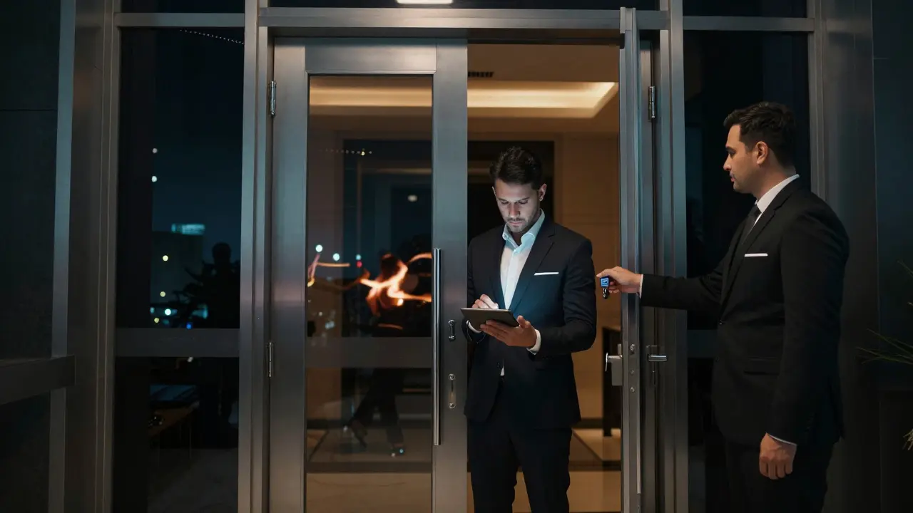 A hidden entrance in a luxury Dubai tower, accessed by keycard, no signage, discreet and silent.