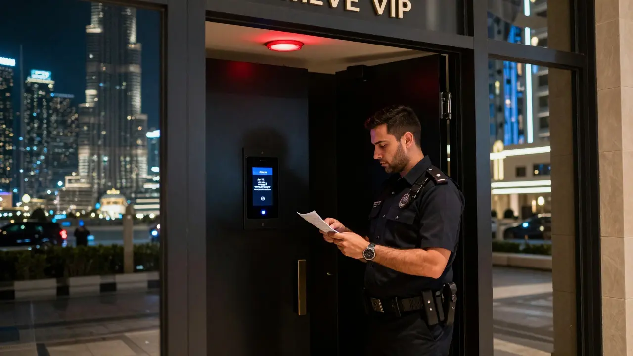 A hidden VIP entrance at a luxury hotel with a security guard checking a guest list under a dim red lamp.
