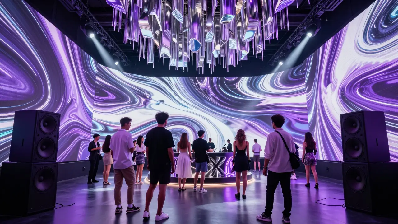 A high-tech club with glowing LED walls and a stylish crowd dancing under intense spotlights and digital light patterns.