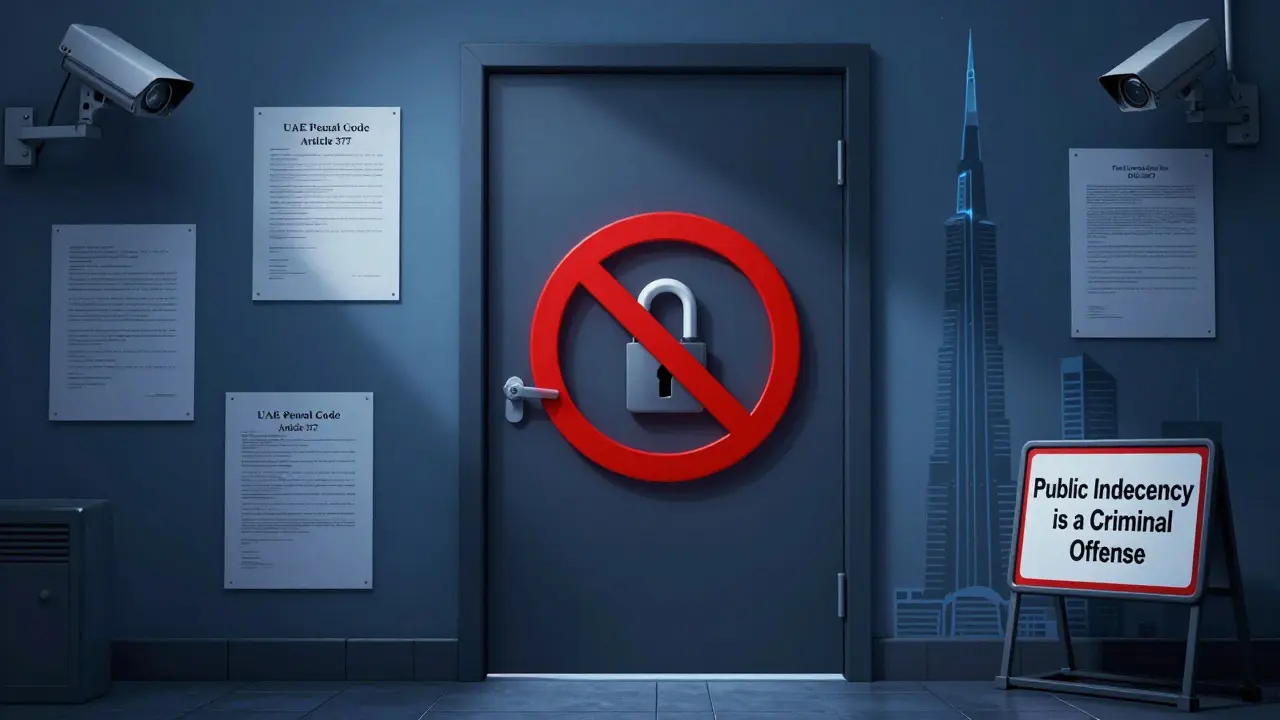 A locked door with a red prohibition symbol over it, surrounded by legal documents and security cameras in a Dubai urban setting.