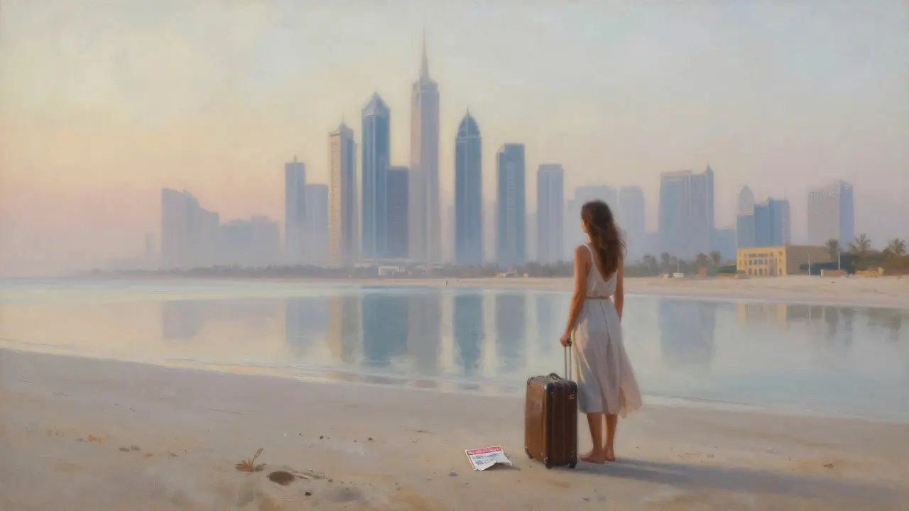 A lone woman on a Dubai beach at dawn, suitcase beside her, gazing at the skyline as symbols of broken dreams linger in the mist.