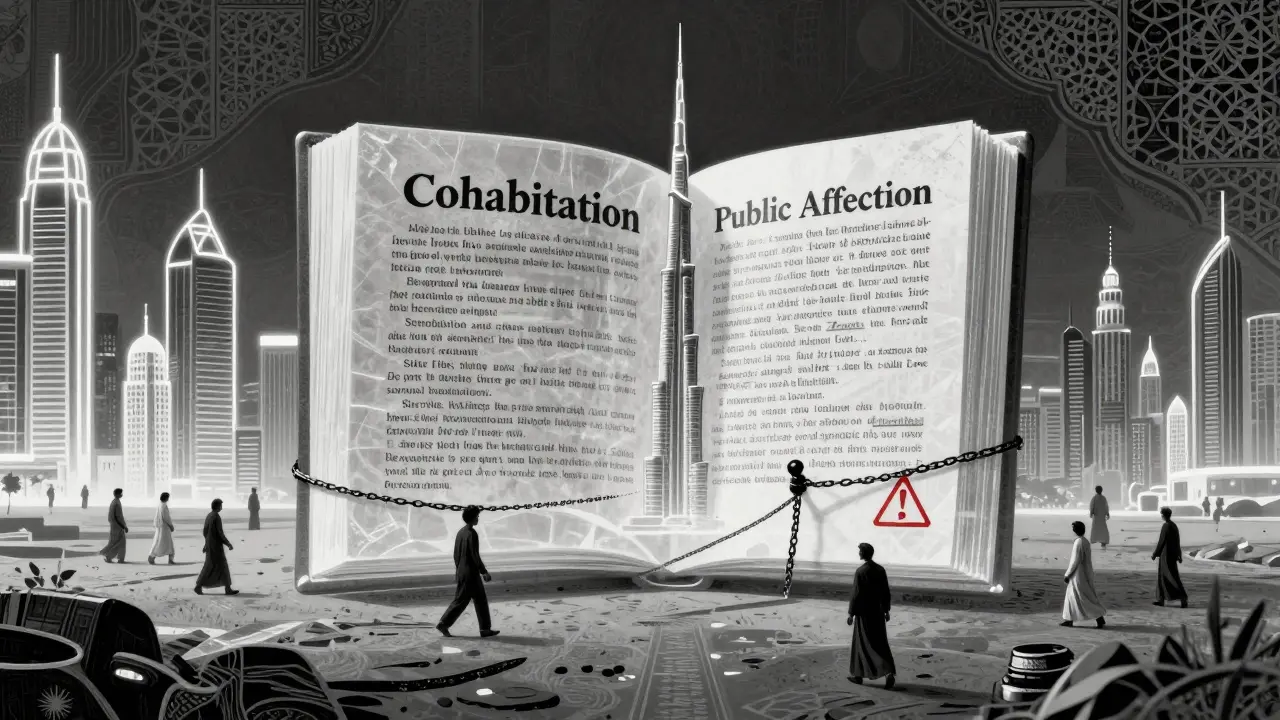 A massive legal code looms over Dubai’s skyline, casting chains over people below in a surreal depiction of societal control.