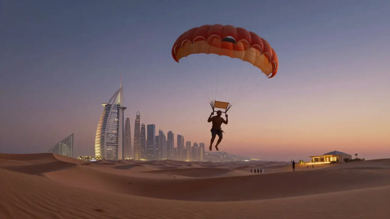 A parachute shaped like a laughing man floats over Dubai’s desert and skyline at twilight.