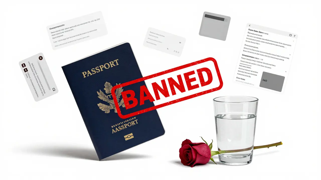 A passport stamped 'BANNED' floats amid digital traces of messages, payments, and a wilting rose in a sterile white space.
