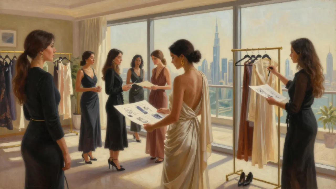 A private fashion viewing in a Dubai penthouse, where women examine designer garments under golden light, with skyline views in the background.