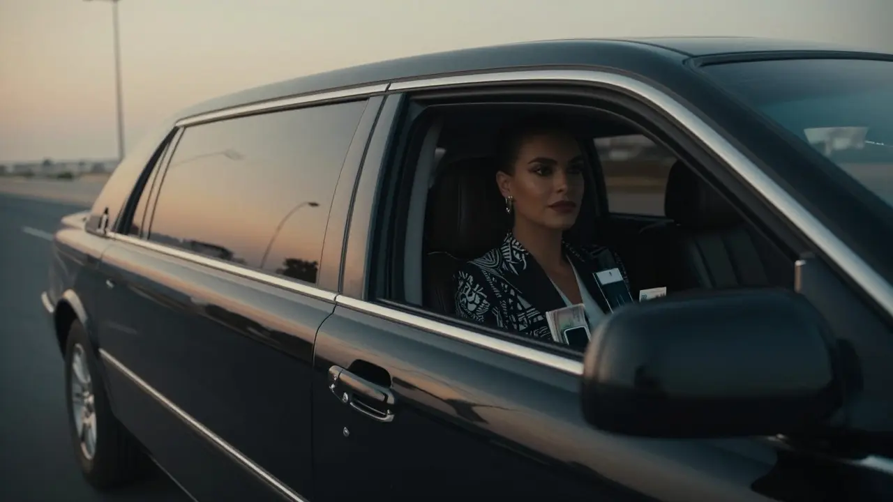 A private limousine drives along Dubai's coast at dusk, concealing a professional companion inside.