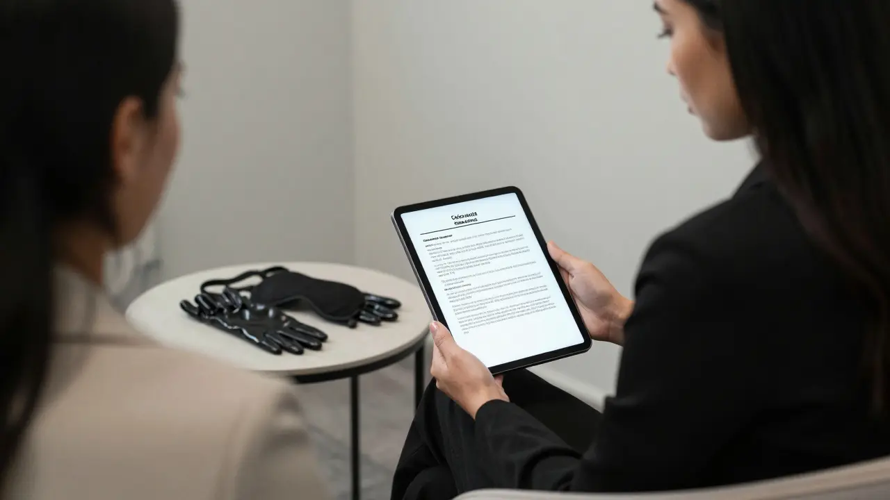 A professional escort in a private room reviewing consent details with a client, emphasizing safety and boundaries.