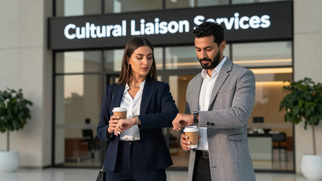 A professional woman and man meet in a Dubai office lobby, holding coffee, exuding quiet mutual respect.