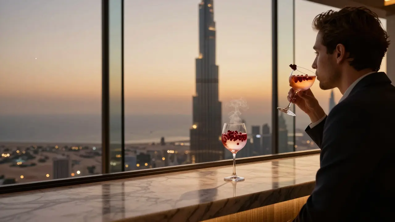 A quiet rooftop bar at the top of Burj Khalifa at dusk, with a person enjoying a cocktail as the city stretches below.