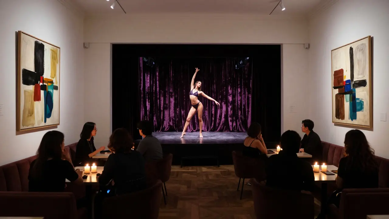 A secret lounge behind an art gallery wall, with a dancer under spotlight and guests in shadow.