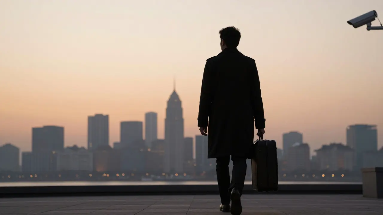 A solitary figure walks away from a luxury resort at dawn, suitcase in hand, glancing back at a security camera.