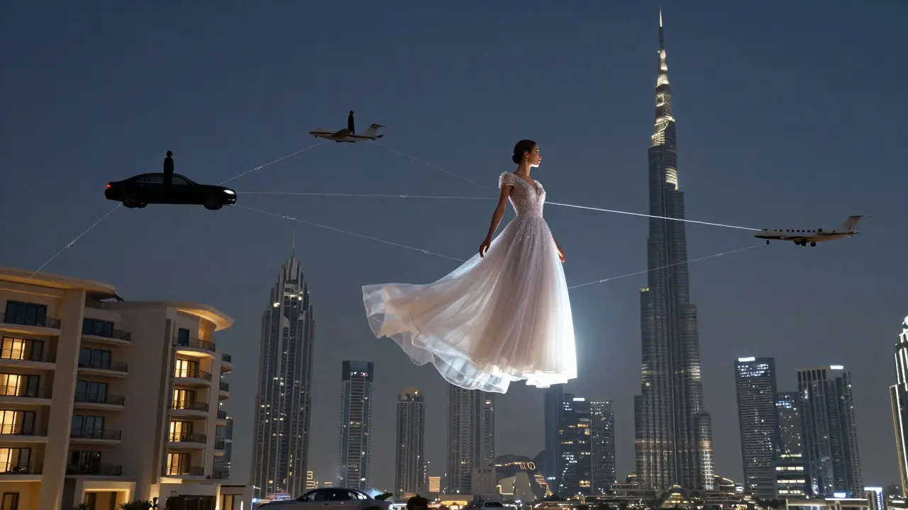 A translucent gown hovers above Dubai’s skyline, connected by invisible threads to luxury locations, symbolizing quiet fashion influence.