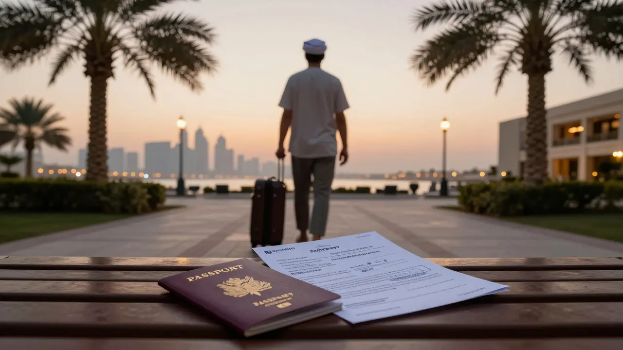 A traveler walking away from a resort with a deportation notice on a bench, symbolizing legal consequences.