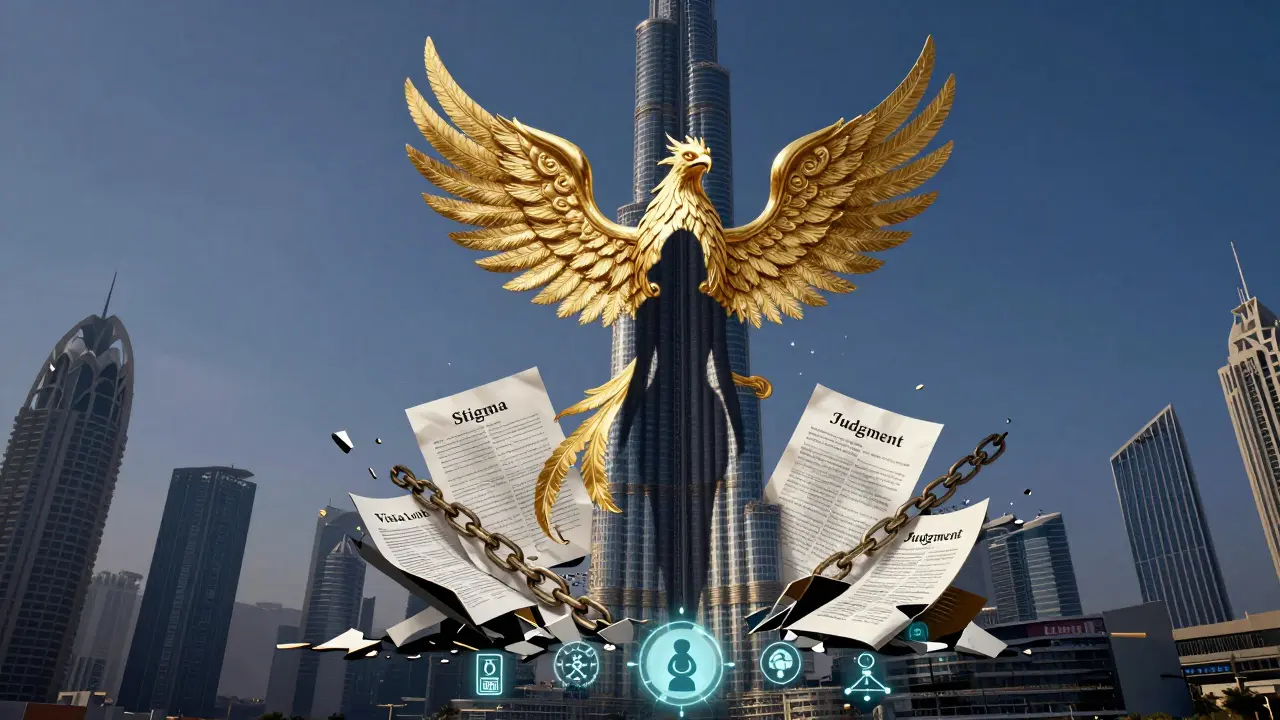 A woman's shadow transforms into a phoenix rising above shattered stereotypes and digital tools in Dubai's skyline.