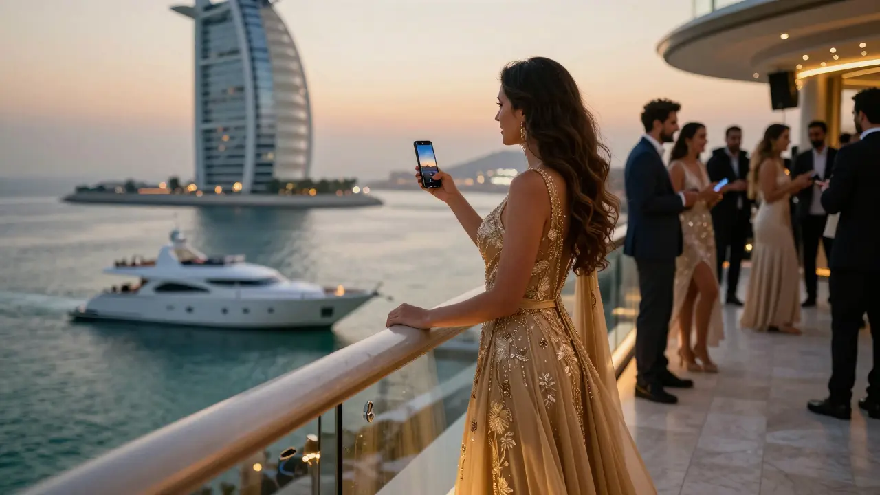 A woman in a gold gown stands on a luxury terrace at sunset on Palm Jumeirah, smartphone glowing in her hand.