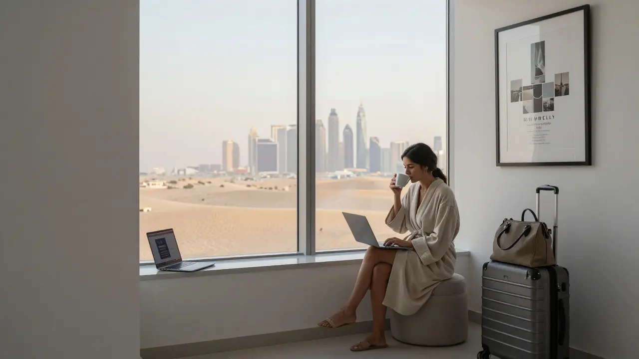 A woman in a robe drinks coffee at sunrise, studying for her MBA while an art gallery invitation rests nearby.