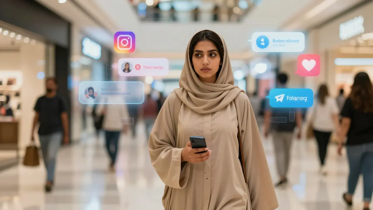 A woman in an abaya walking through a mall, ghostly digital dating app interfaces floating around her in the air.