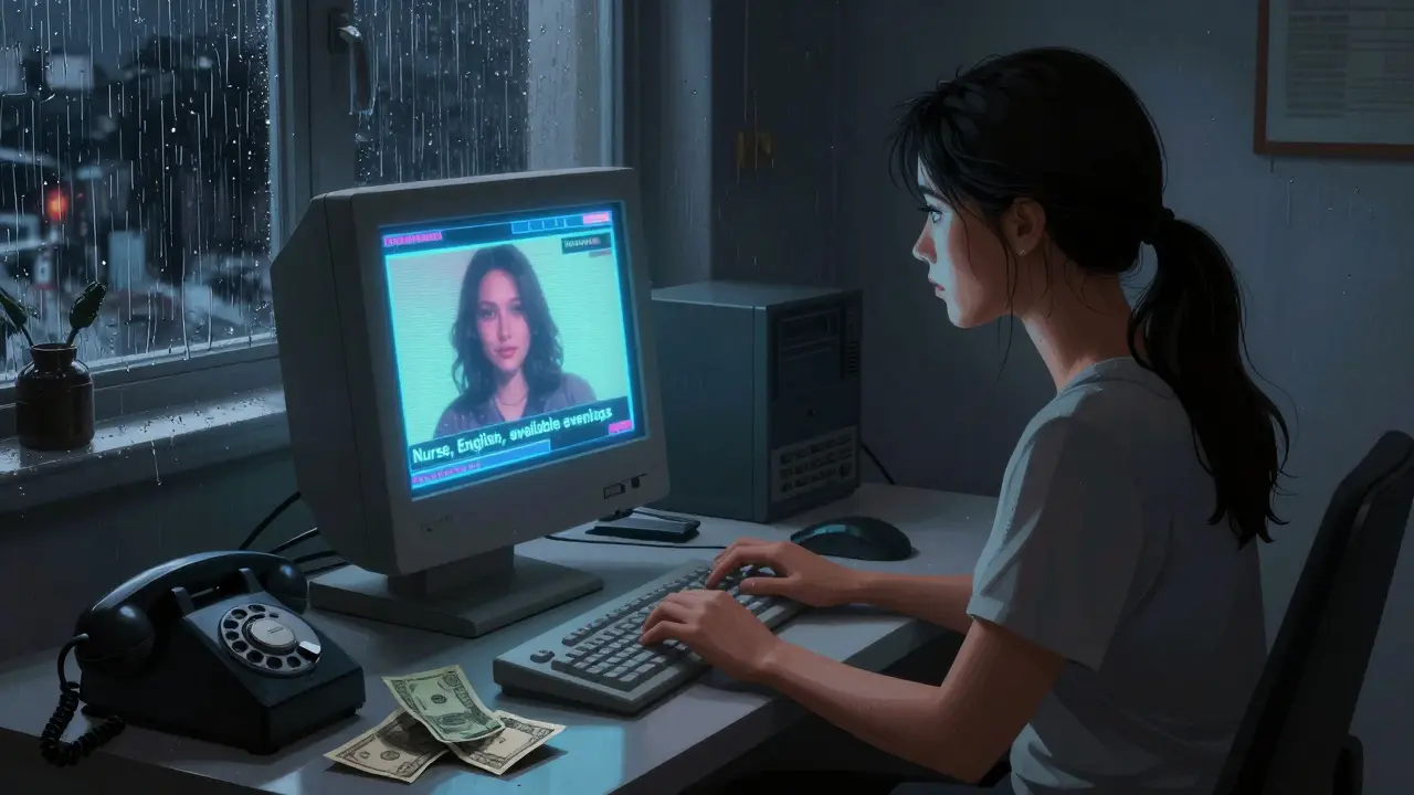 A woman works on an old computer displaying a discreet escort profile in her small Dubai apartment.