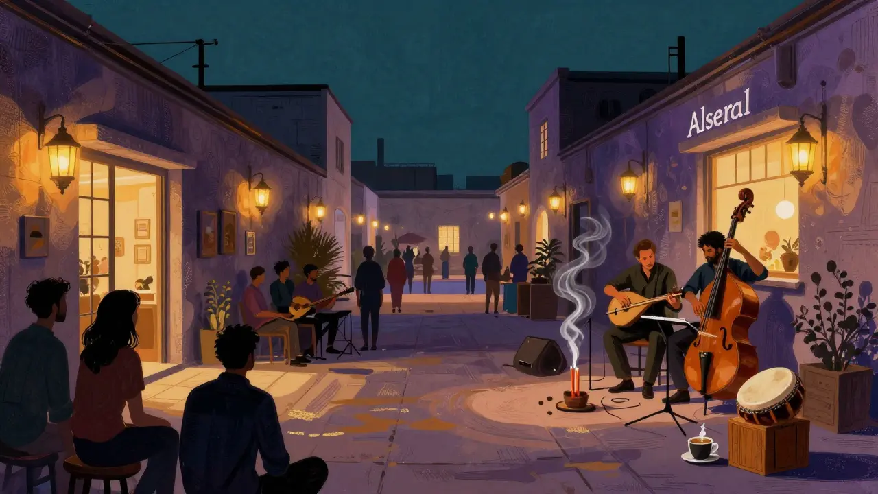 Alserkal Avenue at night with lanterns, musicians performing on a rooftop, crowd gathered in quiet awe.