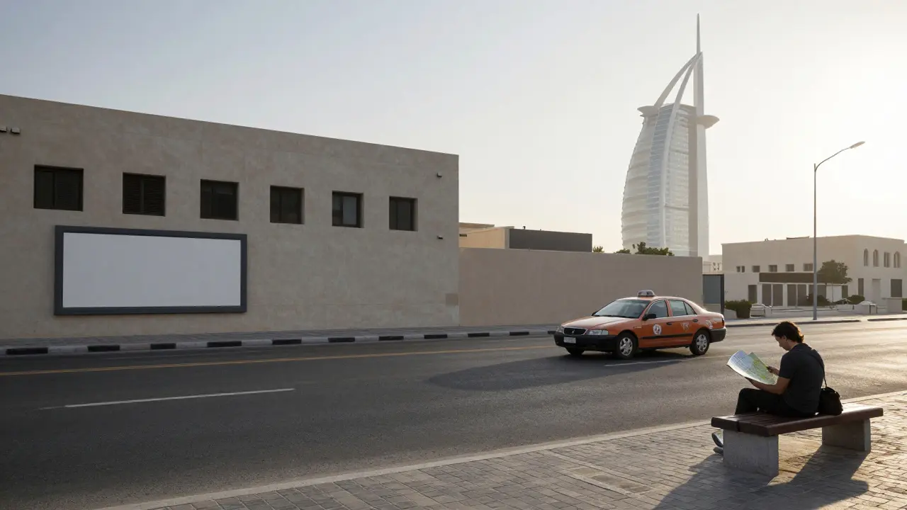 An empty Dubai street at dawn, a taxi passes a building with tinted windows, symbolizing hidden adult venues.