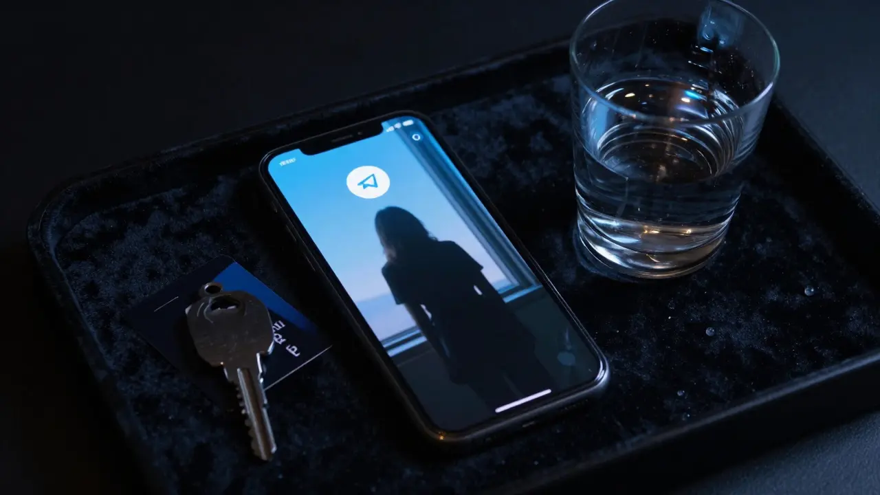 An encrypted phone glows in a dark hotel room, reflecting a silent silhouette by the window.