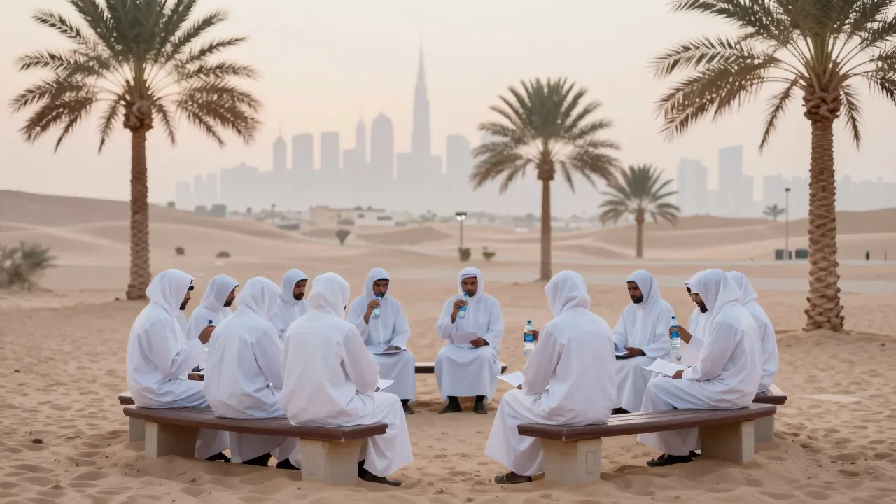 Anonymous figures meet in a desert park at dawn, sharing quiet support under the Dubai skyline.