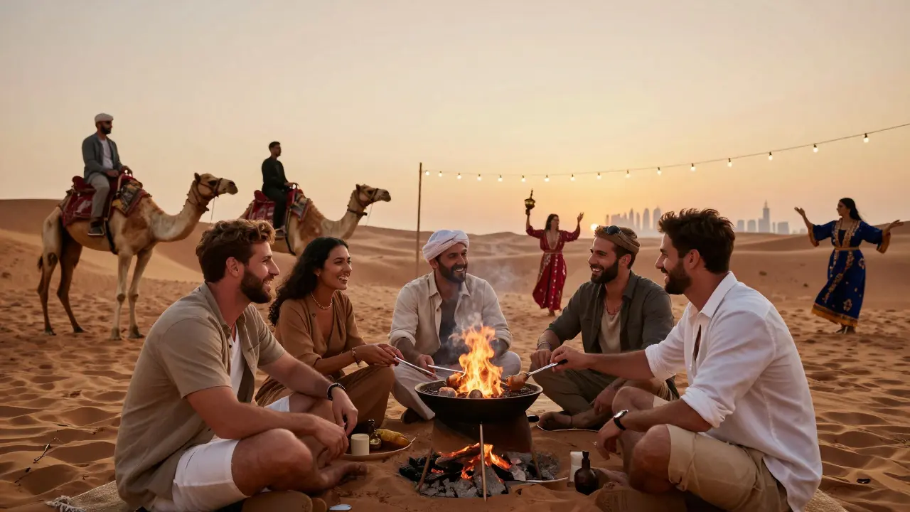 Bachelor party enjoying desert safari with traditional dancers and BBQ at sunset, cultural celebration.