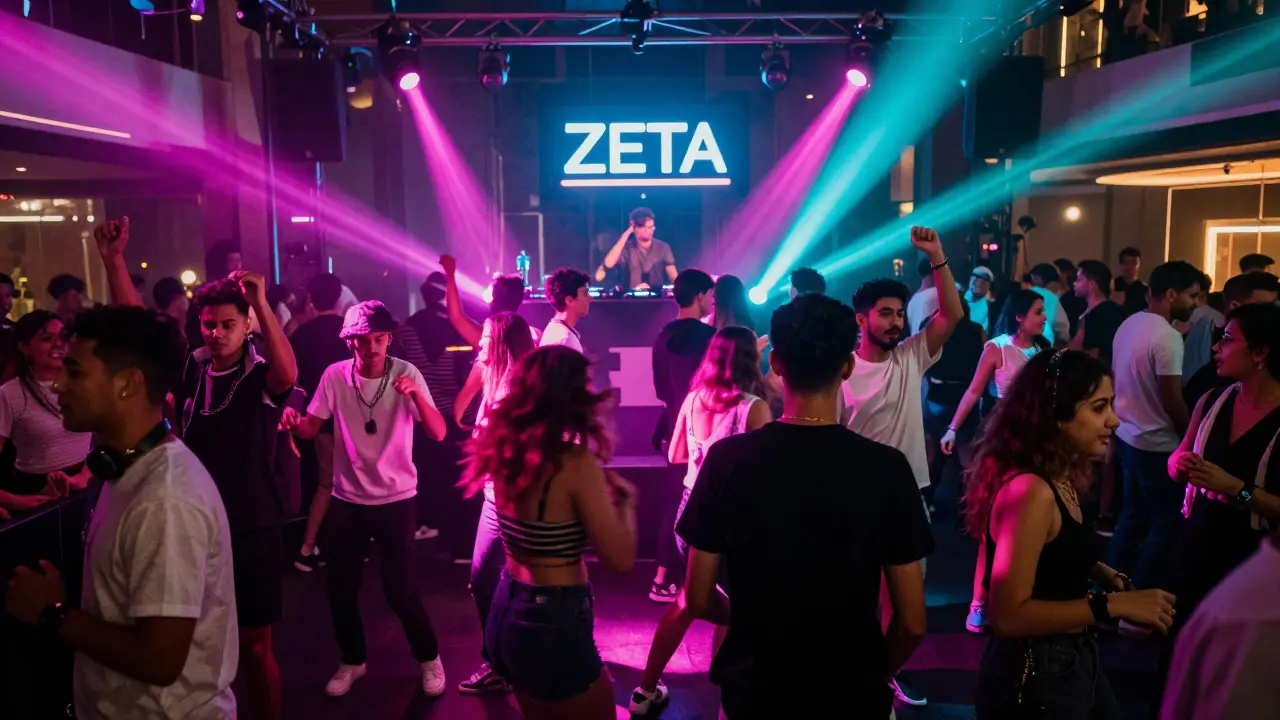 Busy nightclub with neon lights and people dancing under dynamic colored beams.