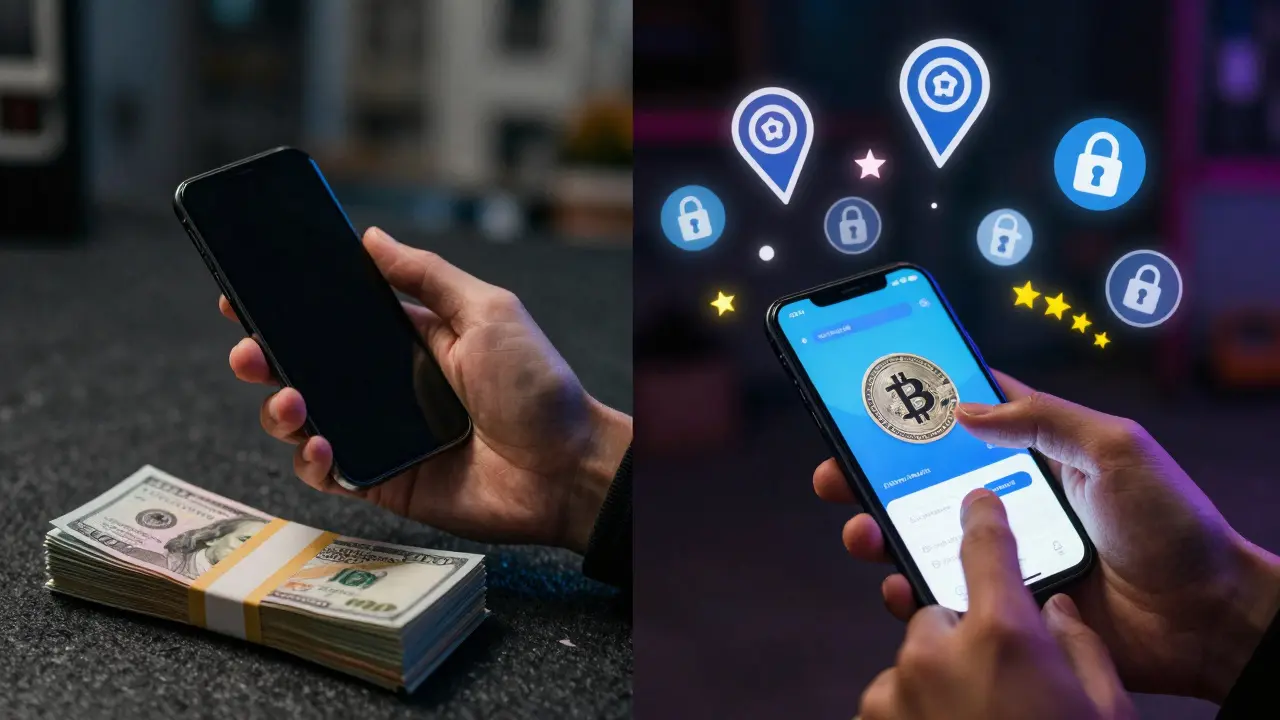 Contrasting images of old-school cash transactions versus modern cryptocurrency payments for adult services.