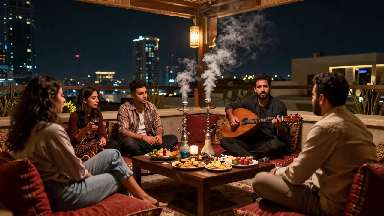 Cozy rooftop lounge with shisha, mezze, and live oud music overlooking Dubai's skyline.