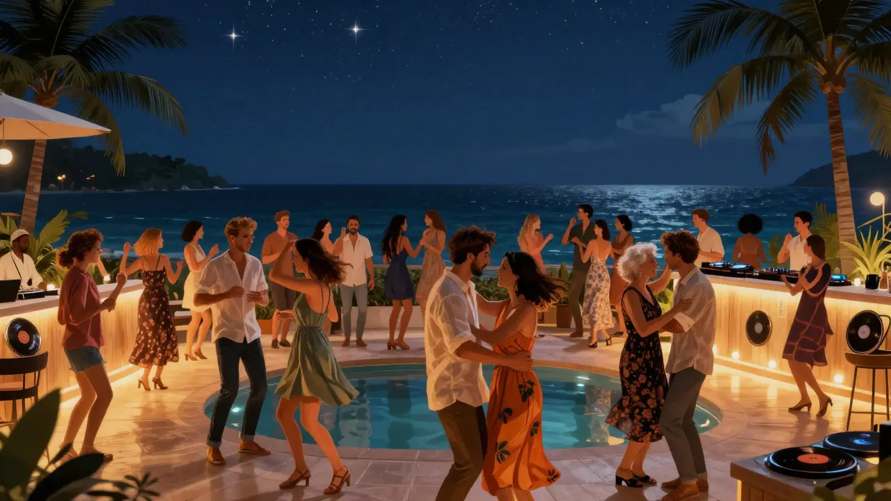Crowd dancing at The Beach House rooftop lounge under starry skies with poolside lights and palm trees.