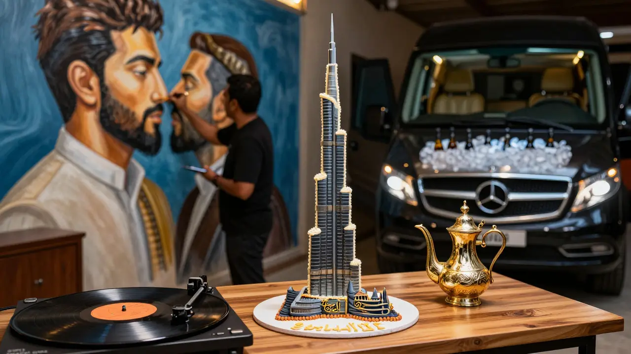 Custom Burj Khalifa cake with Arabic calligraphy, gold coffee pot, and mural painting under stars.