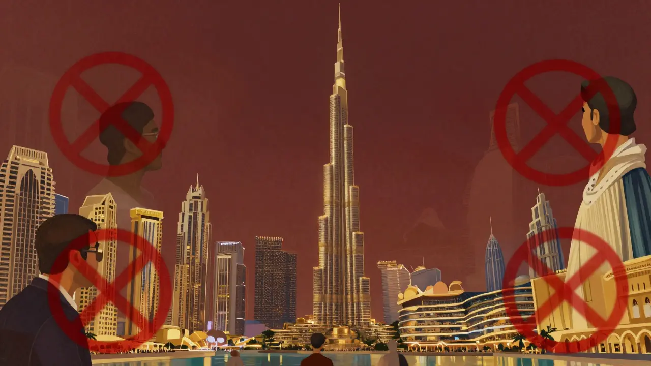 Dubai landmarks overlaid with prohibition symbols, blending luxury imagery with forbidden themes in a stylized digital illustration.