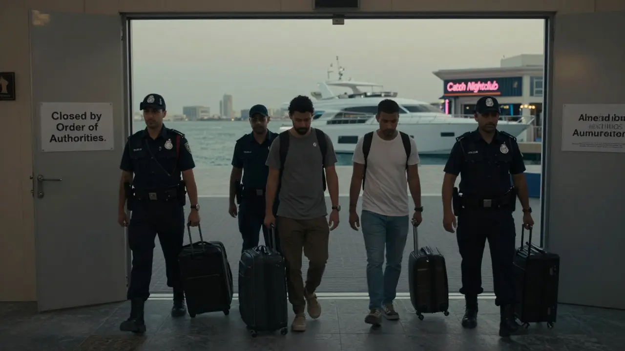 Dubai police escorting detained tourists away from a closed venue at dawn, luxury yacht in background.