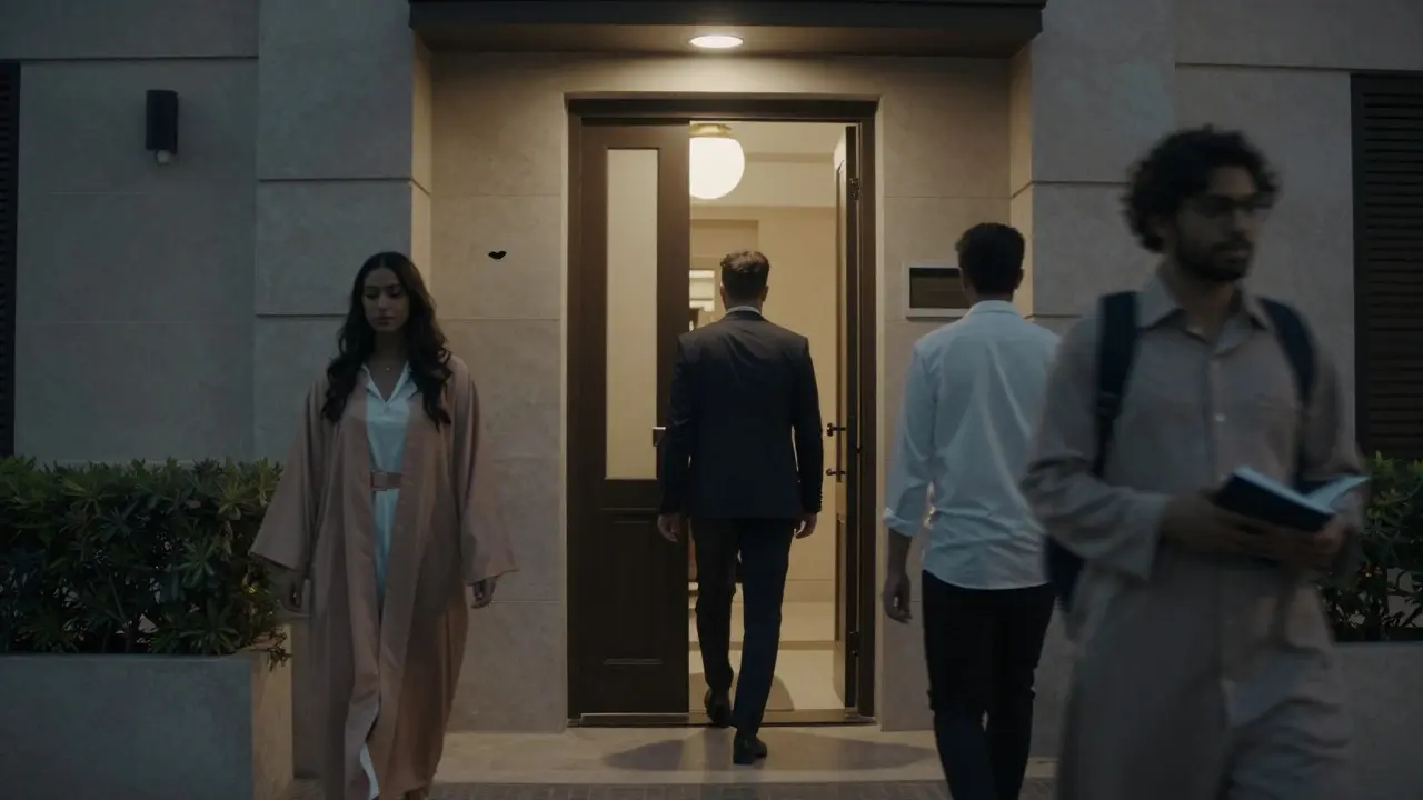 Expats quietly entering discreet wellness studios in Dubai at night, symbolizing hidden healing and dignity.