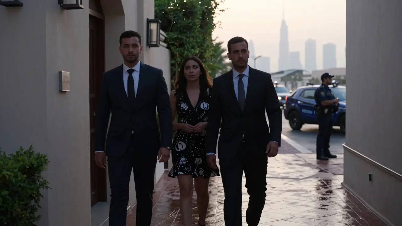 Figures exiting a hidden venue at dawn, glancing back as sirens sound in the distance.