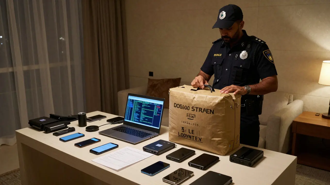 Forensic investigators examining seized electronic devices in a hotel room under official supervision.
