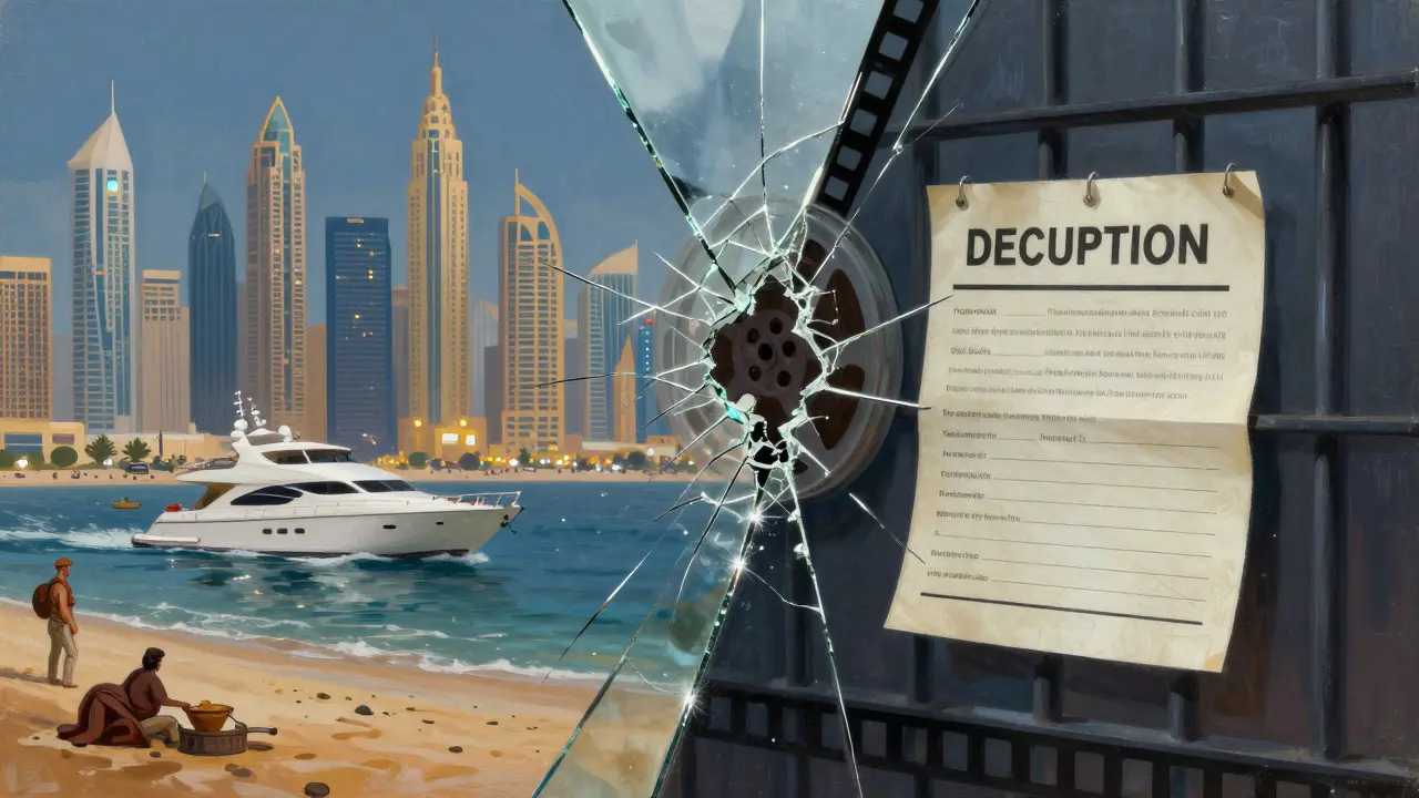 Fractured mirror reflecting Dubai's luxury skyline on one side and prison bars on the other.