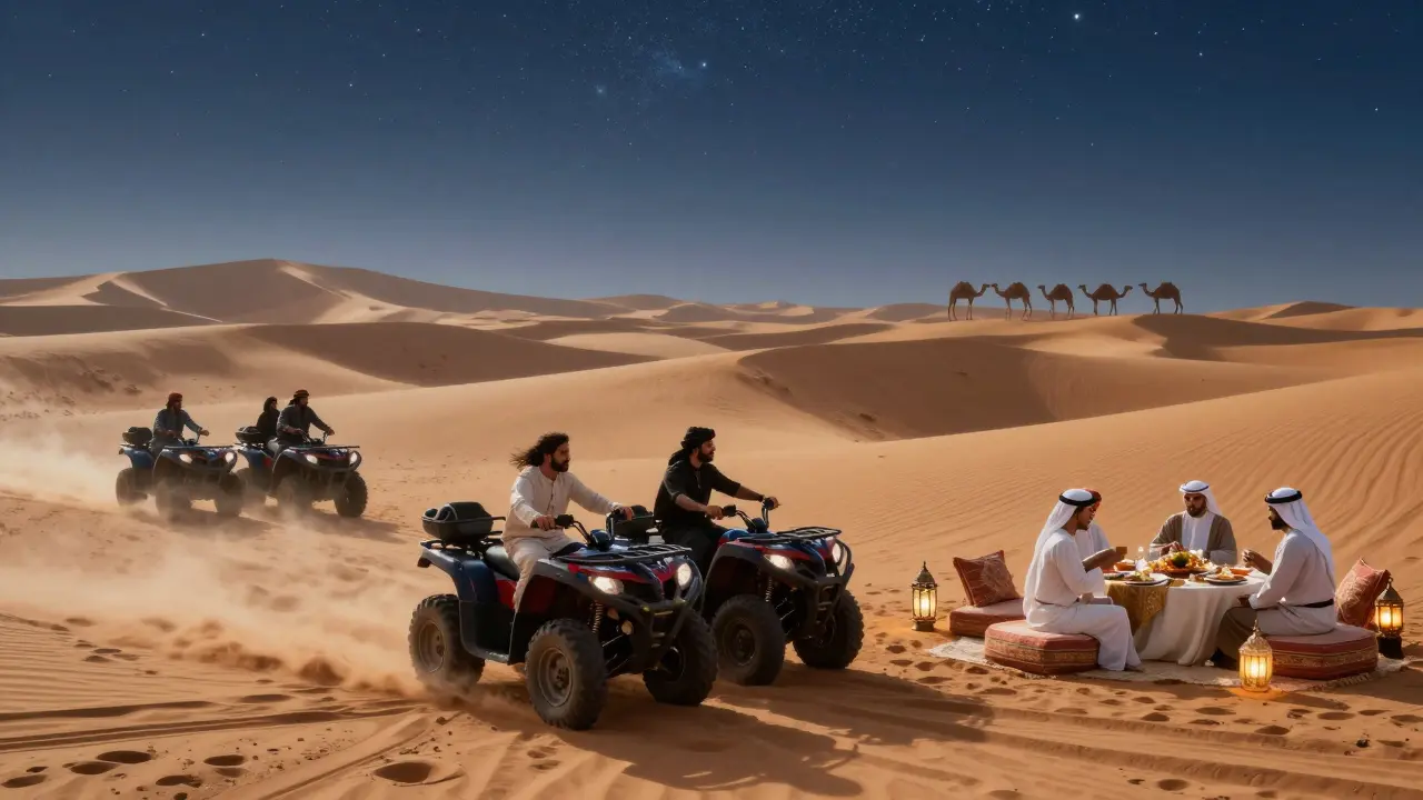 Friends on quad bikes in Dubai desert at dawn, followed by a starlit Arabic dinner under lanterns.