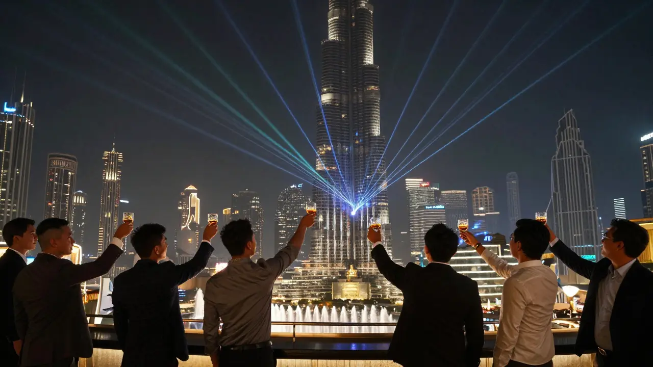 Friends toasting at a rooftop bar as the Burj Khalifa lights up in a dazzling night show.