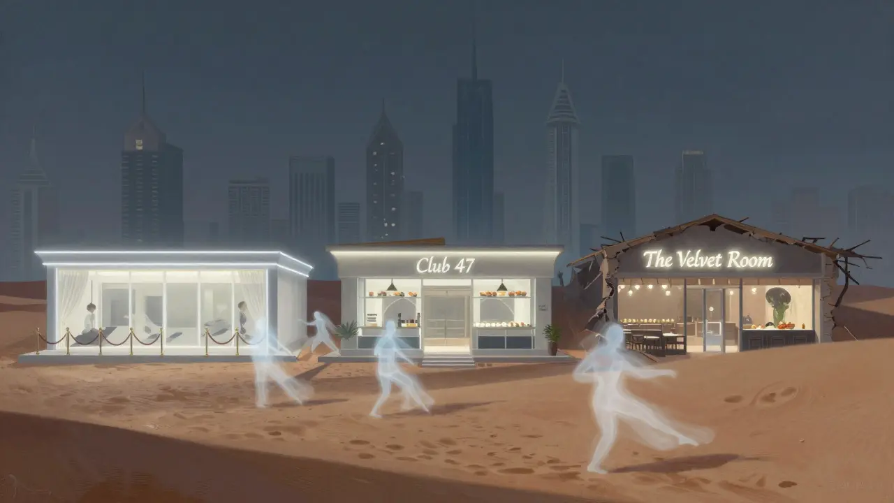 Ghostly remnants of demolished nightclubs fading into modern Dubai buildings like yoga studios and sushi bars.