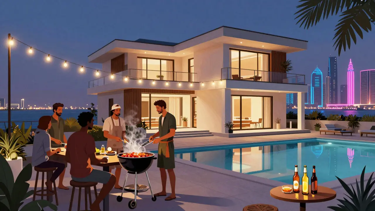 Group at a luxury Dubai villa rooftop terrace grilling with city lights glowing