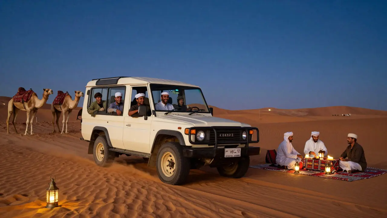 Group laughing in a desert safari vehicle as sun sets over golden dunes under starry sky.